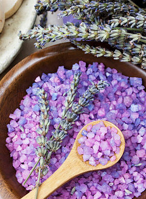 Bowl of lavender spa bath salt