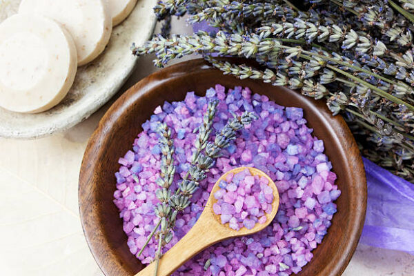 Bowl of lavender spa bath salt